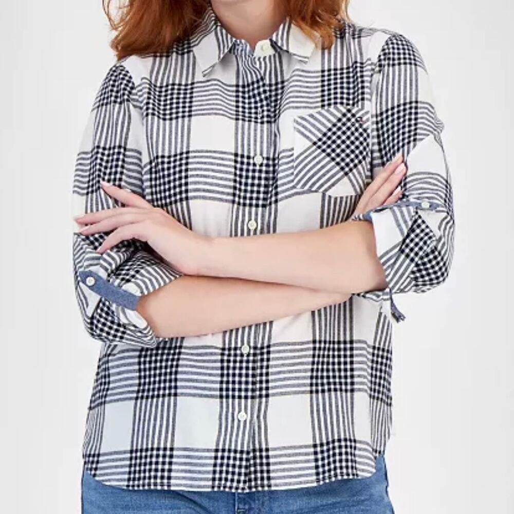 TOMMY HILFIGER | Perry Plaid Metallic Thread Shirt Black White Button |‎ Medium